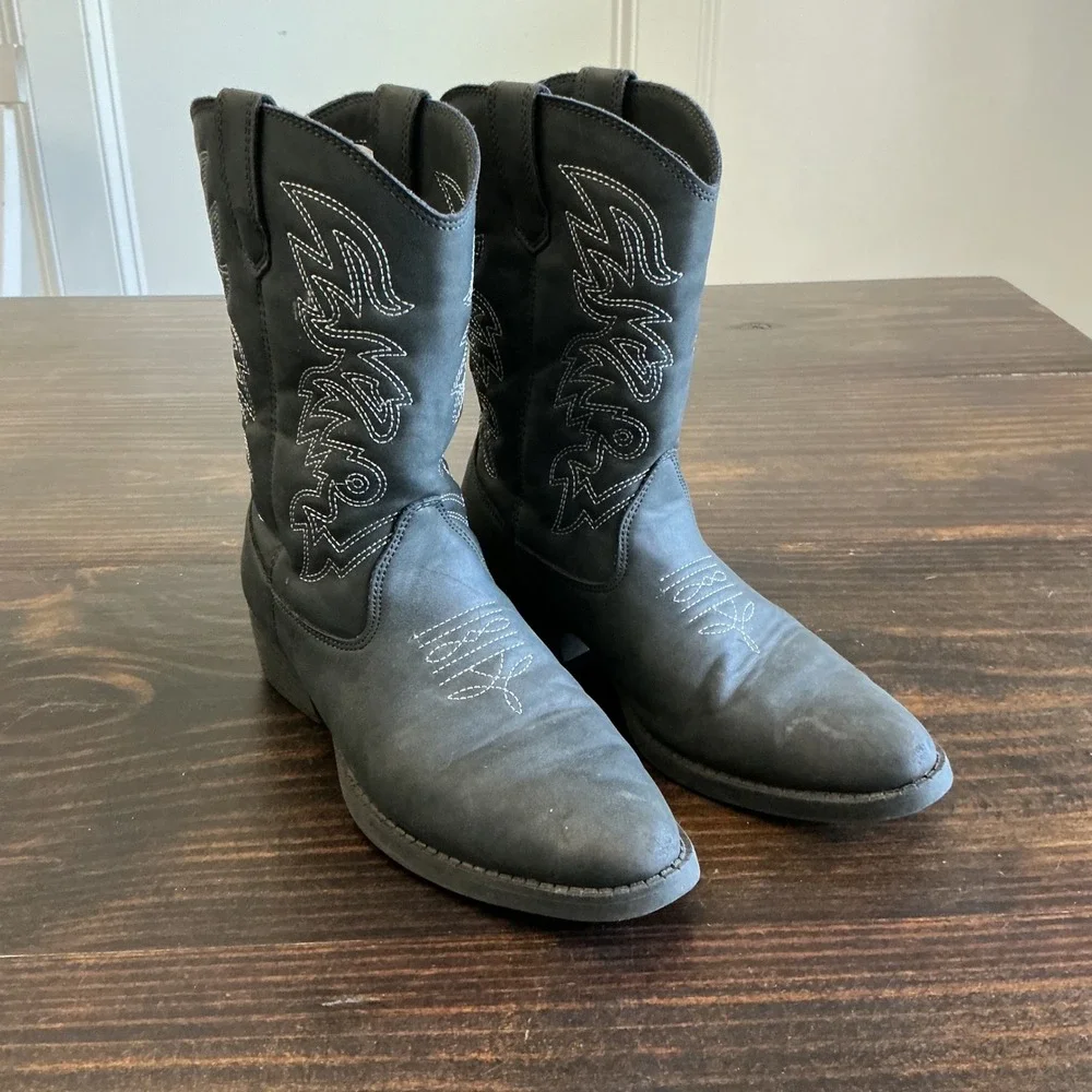 Deer Stags Ranch Kids Black Western Cowboy Boots Size 4‎ Pull On Contrast Stitch